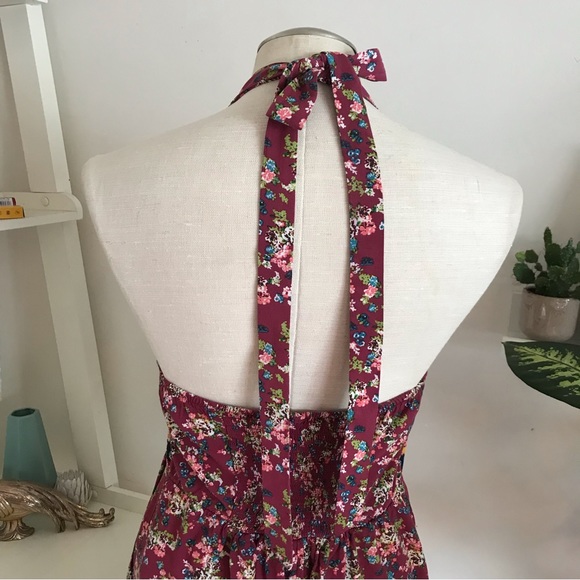 Halter Neck Mid-Length Jumpsuit, Quilted-Look Floral, Burgundy, Size Small - Picture 3 of 7